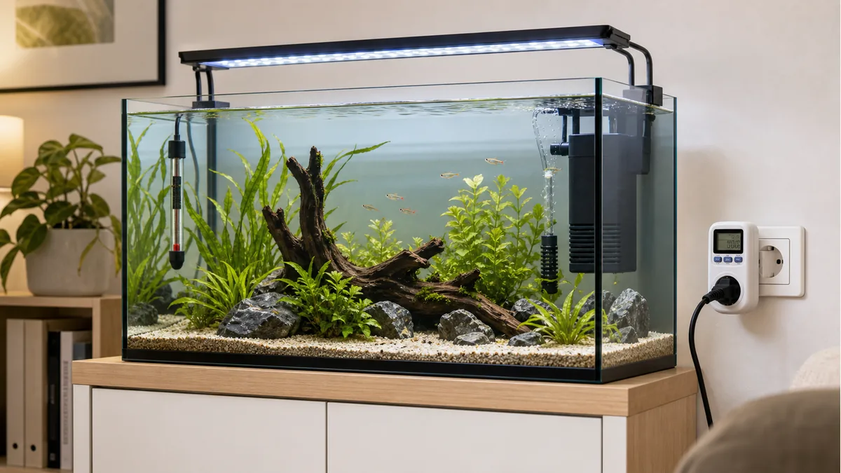 Aquarium mit LED Licht und Strommessgeraet im Wohnzimmer