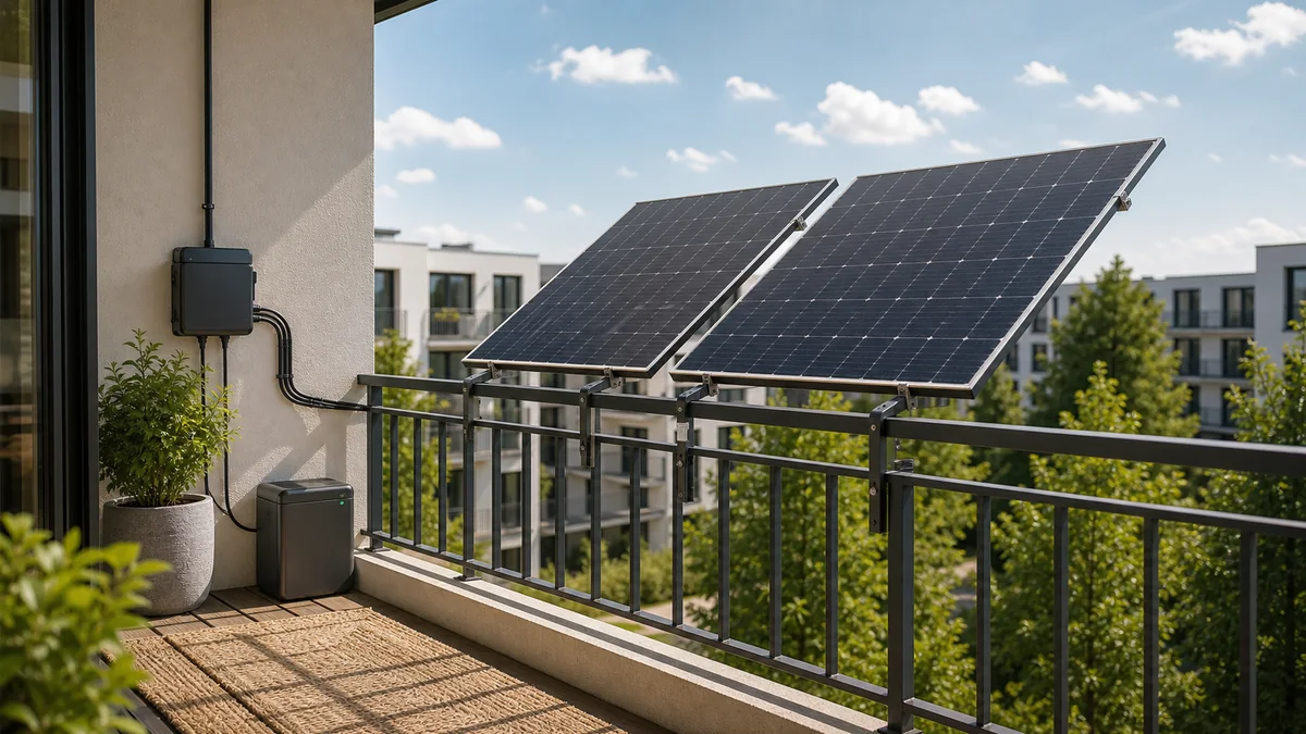 Balkonkraftwerk Komplettset mit Solarmodulen am Balkon und Speicherbox