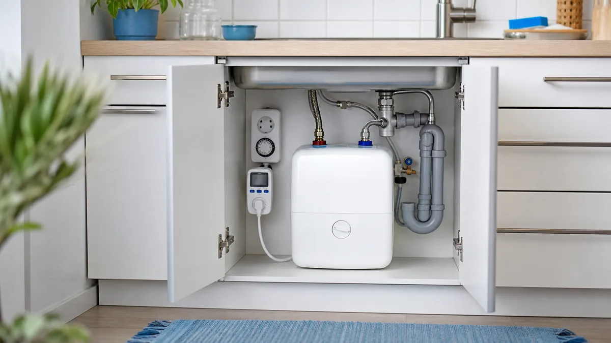 Untertisch Boiler im Küchenschrank mit Strommessgerät