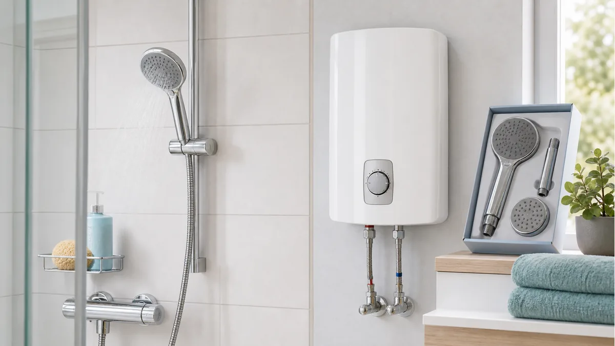 Durchlauferhitzer und Dusche im hellen Badezimmer