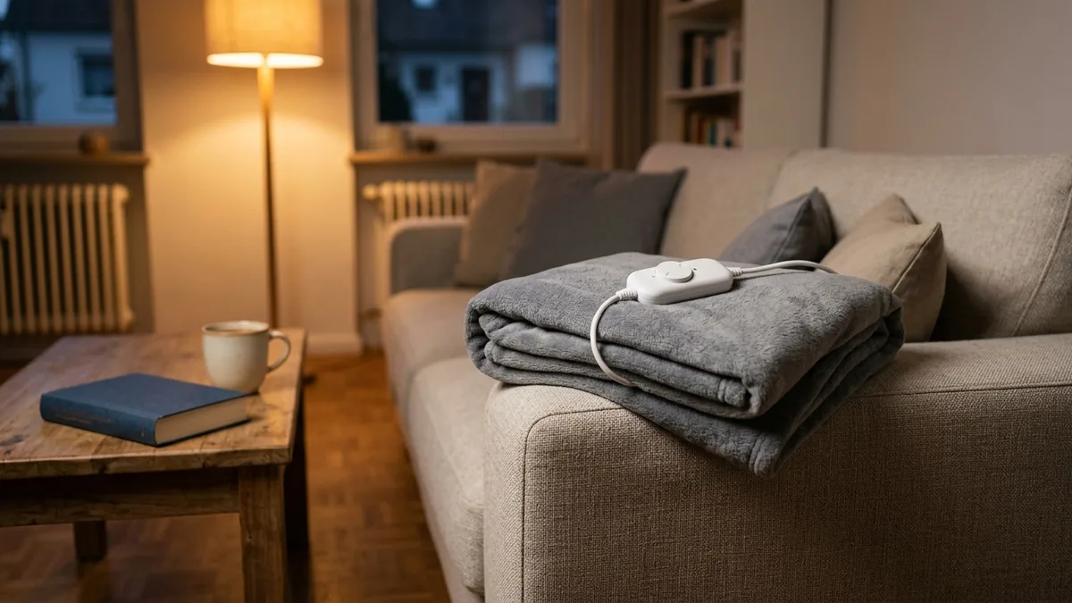 Heizdecke auf einem Sofa in einem warm beleuchteten Wohnzimmer