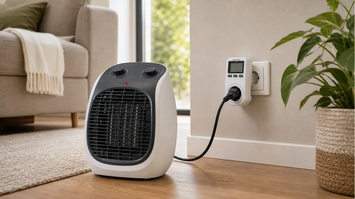 Heizluefter mit Strommessgeraet im Wohnzimmer