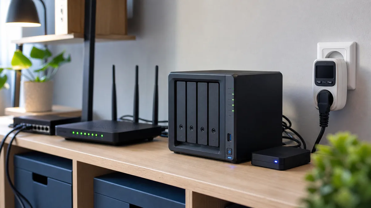 NAS Home Server Router und Strommessgerät im Homeoffice