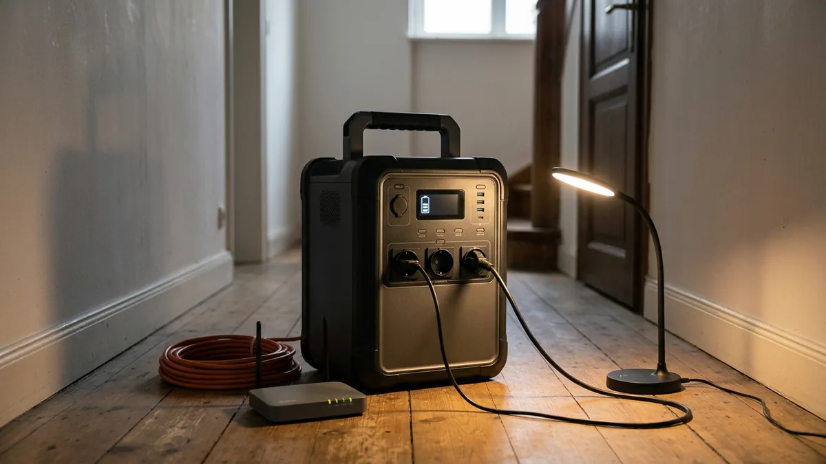 Powerstation im Hausflur versorgt bei Stromausfall eine Lampe und einen Router