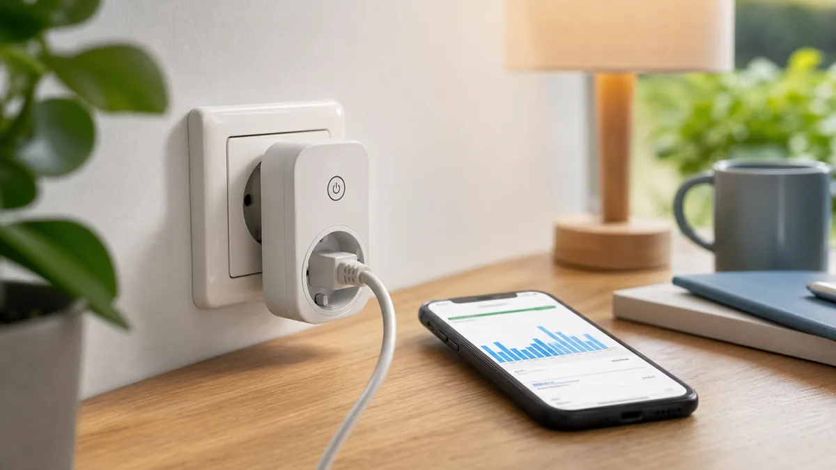 Smarte Steckdose mit Verbrauchsmessung und App Diagramm auf Smartphone