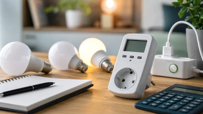 Strommessgeraet und LED-Lampen auf Tisch
