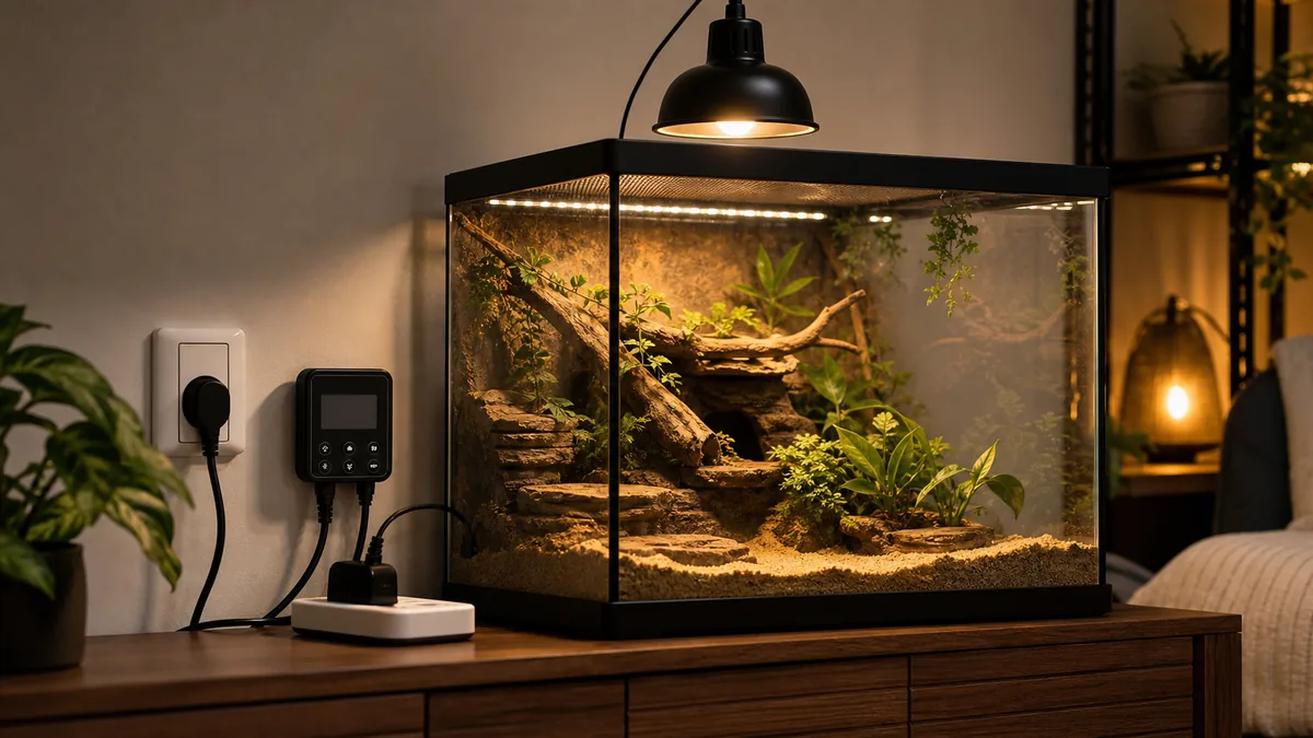 Terrarium mit Wärmelampe Thermostat und Strommessung