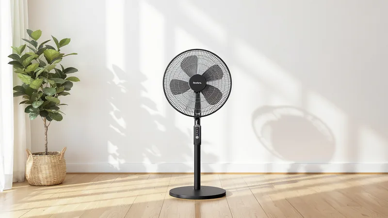 Standventilator im Wohnzimmer mit Stromkosten Anzeige