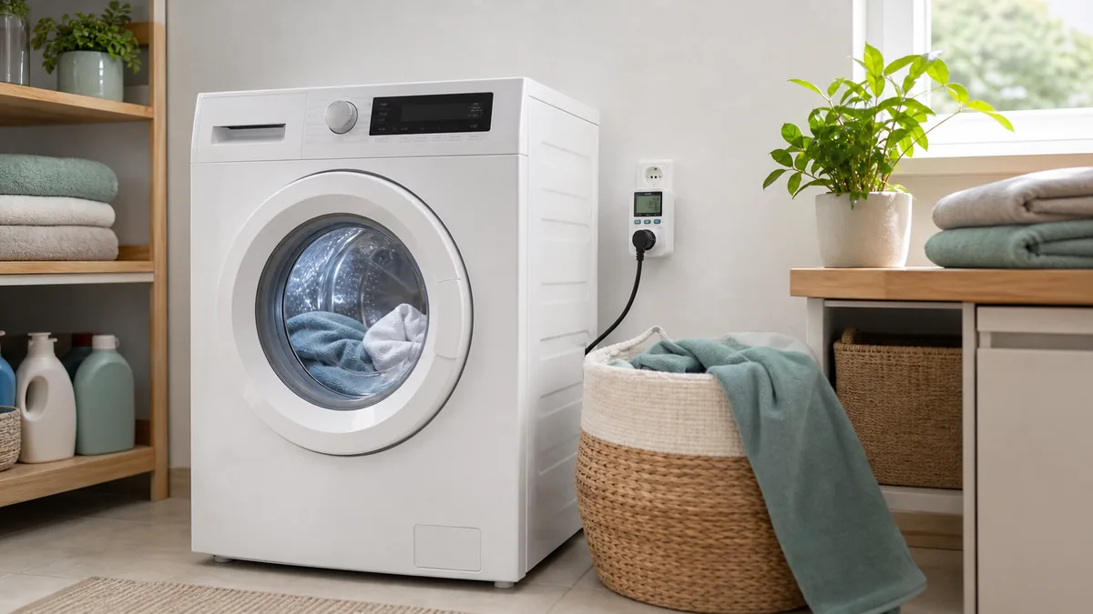 Waschmaschine mit Strommessgeraet in heller Waschkueche