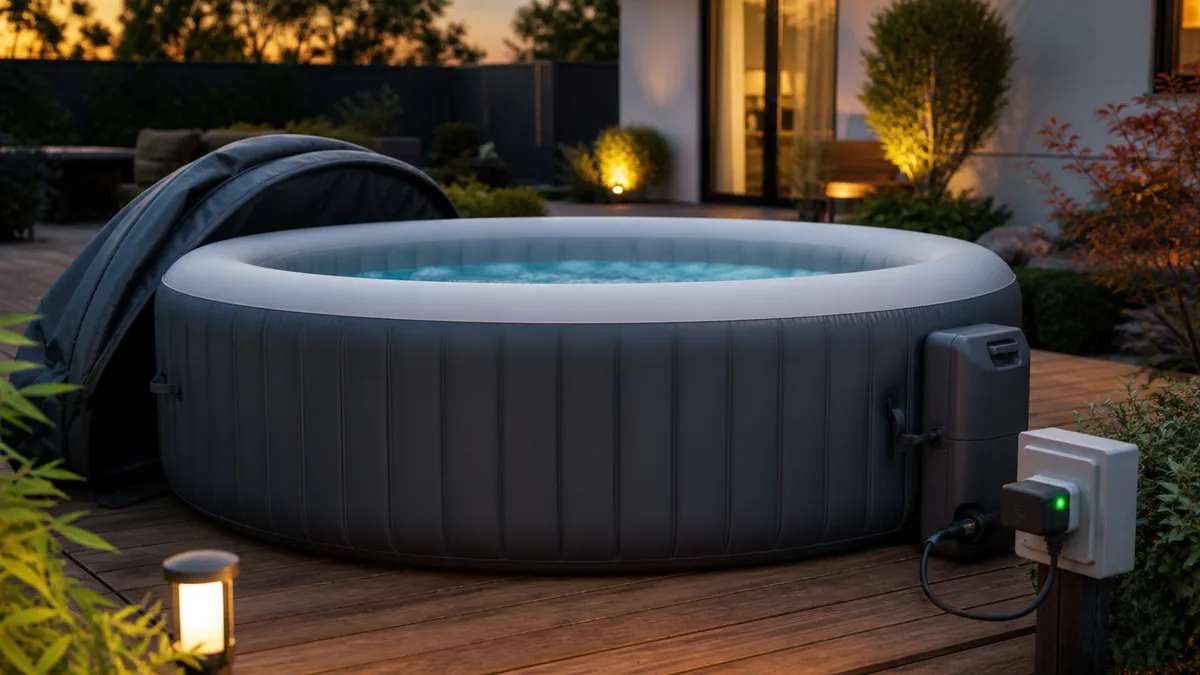 Aufblasbarer Whirlpool auf Terrasse mit Outdoor Steckdose und Stromkosten Kontrolle
